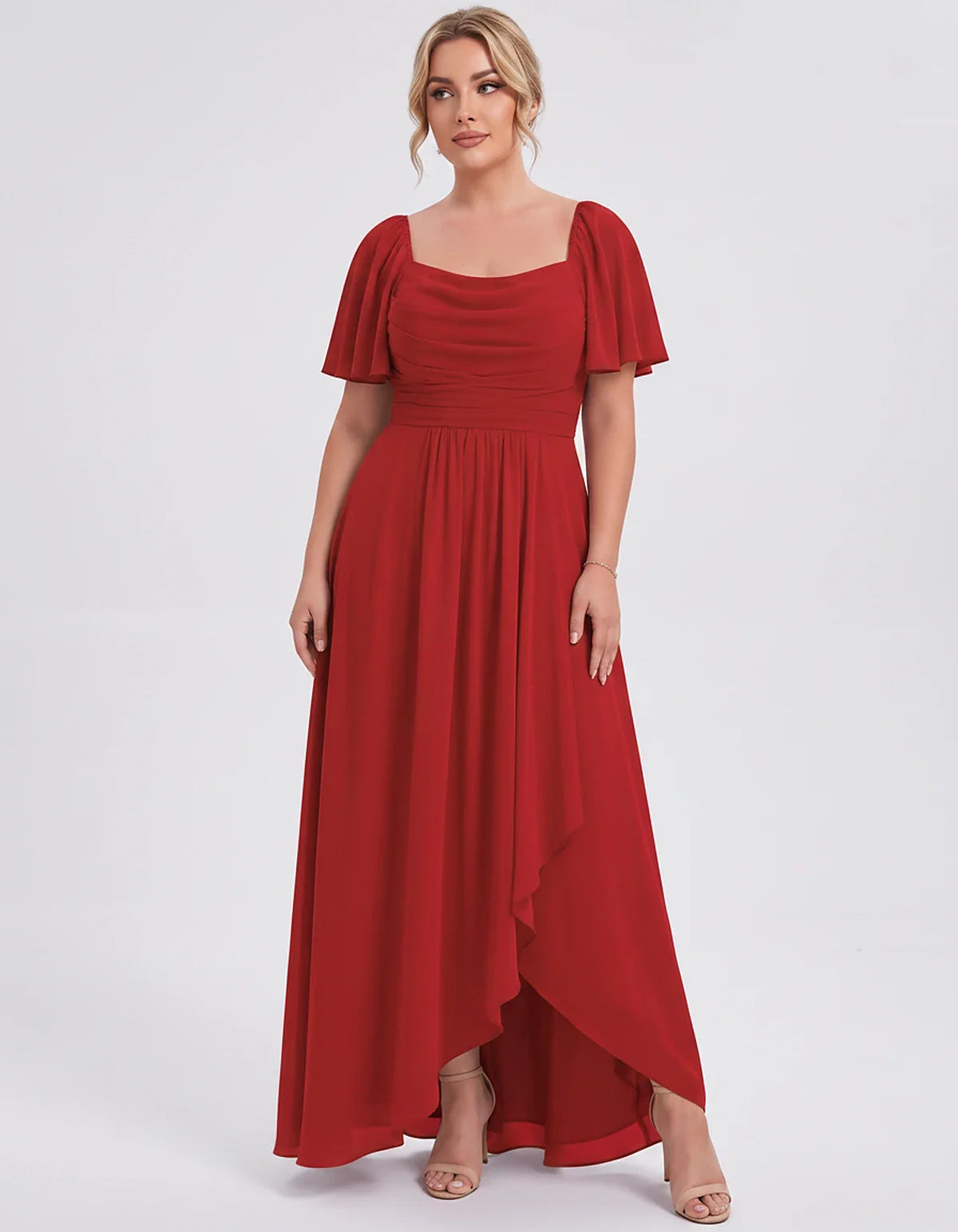 Chiffon Flutter Sleeve Square Neck A-Line Maxi Dress for Party, Cocktail, Evening, Wedding Guest, Summer Formal Events, front | SKU: CD-123456789012345-RED-L,CD-123456789012345-RED-M,CD-123456789012345-RED-S,CD-123456789012345-RED-XL,CD-123456789012345-RED-XS