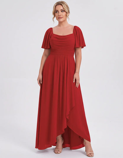 Chiffon Flutter Sleeve Square Neck A-Line Maxi Dress for Party, Cocktail, Evening, Wedding Guest, Summer Formal Events, front | SKU: CD-123456789012345-RED-L,CD-123456789012345-RED-M,CD-123456789012345-RED-S,CD-123456789012345-RED-XL,CD-123456789012345-RED-XS