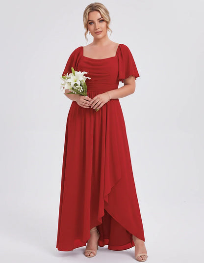 Chiffon Flutter Sleeve Square Neck A-Line Maxi Dress for Party, Cocktail, Evening, Wedding Guest, Summer Formal Events, front | SKU: CD-123456789012345-RED-L,CD-123456789012345-RED-M,CD-123456789012345-RED-S,CD-123456789012345-RED-XL,CD-123456789012345-RED-XS