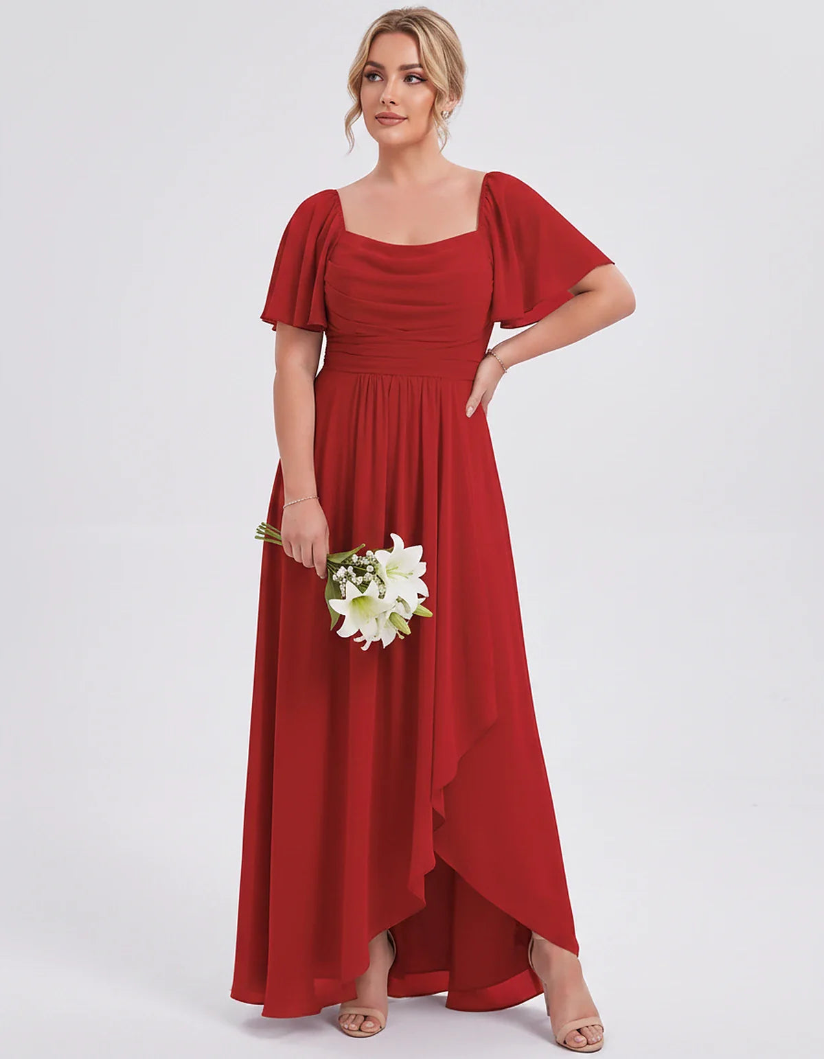 Chiffon Flutter Sleeve Square Neck A-Line Maxi Dress for Party, Cocktail, Evening, Wedding Guest, Summer Formal Events, front | SKU: CD-123456789012345-RED-L,CD-123456789012345-RED-M,CD-123456789012345-RED-S,CD-123456789012345-RED-XL,CD-123456789012345-RED-XS