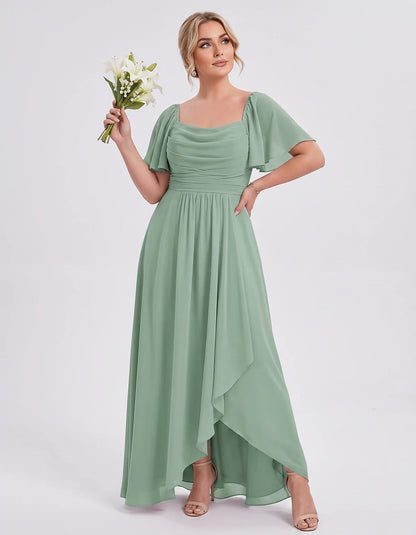 Chiffon Flutter Sleeve Square Neck A-Line Maxi Dress for Party, Cocktail, Evening, Wedding Guest, Summer Formal Events, front | SKU: CD-123456789012345-GREEN-L,CD-123456789012345-GREEN-M,CD-123456789012345-GREEN-S,CD-123456789012345-GREEN-XL,CD-123456789012345-GREEN-XS