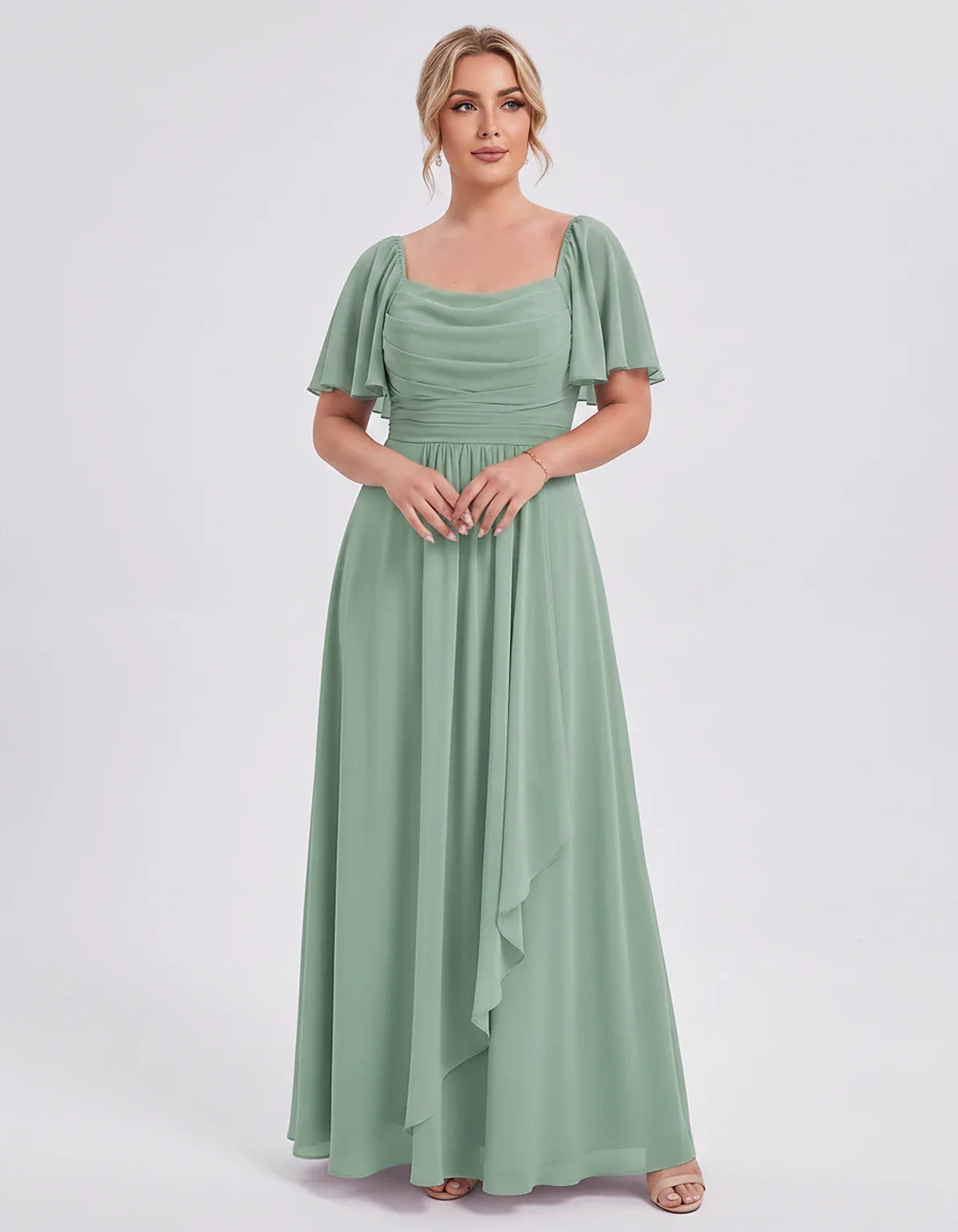 Chiffon Flutter Sleeve Square Neck A-Line Maxi Dress for Party, Cocktail, Evening, Wedding Guest, Summer Formal Events, front | SKU: CD-123456789012345-GREEN-L,CD-123456789012345-GREEN-M,CD-123456789012345-GREEN-S,CD-123456789012345-GREEN-XL,CD-123456789012345-GREEN-XS