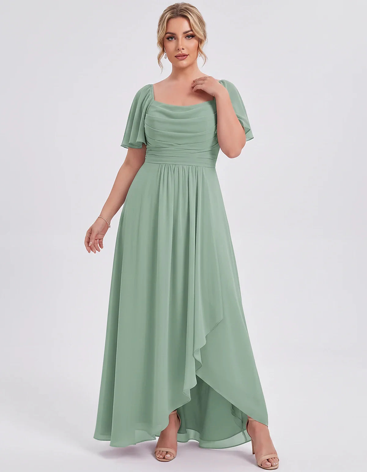 Chiffon Flutter Sleeve Square Neck A-Line Maxi Dress for Party, Cocktail, Evening, Wedding Guest, Summer Formal Events, front | SKU: CD-123456789012345-GREEN-L,CD-123456789012345-GREEN-M,CD-123456789012345-GREEN-S,CD-123456789012345-GREEN-XL,CD-123456789012345-GREEN-XS