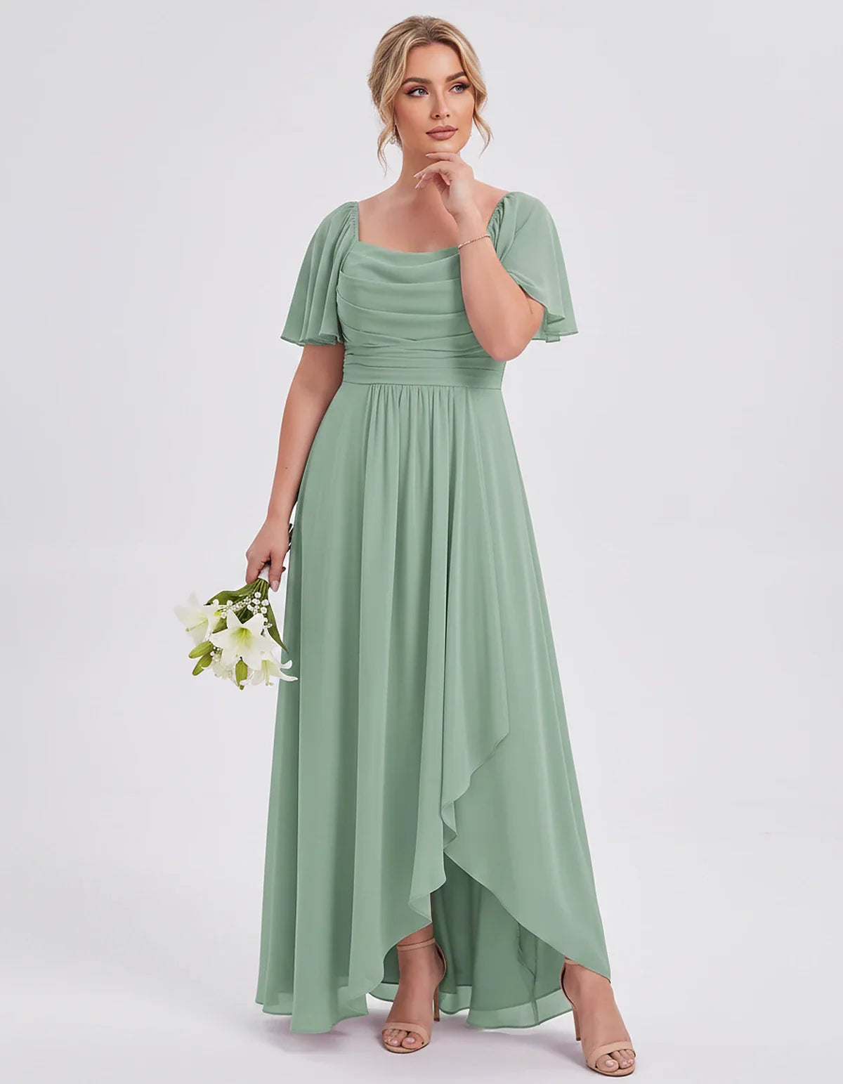 Chiffon Flutter Sleeve Square Neck A-Line Maxi Dress for Party, Cocktail, Evening, Wedding Guest, Summer Formal Events, front | SKU: CD-123456789012345-GREEN-L,CD-123456789012345-GREEN-M,CD-123456789012345-GREEN-S,CD-123456789012345-GREEN-XL,CD-123456789012345-GREEN-XS