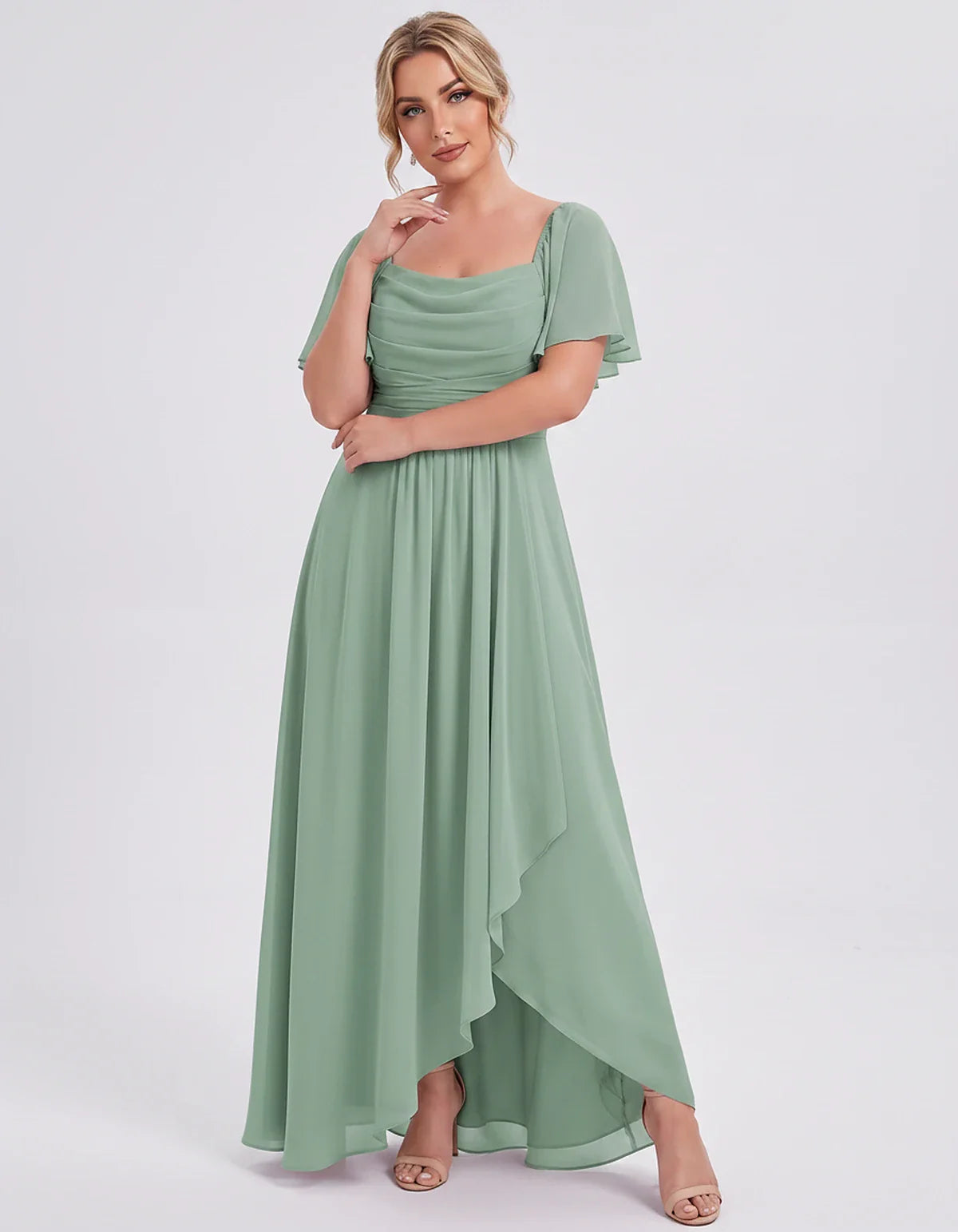 Chiffon Flutter Sleeve Square Neck A-Line Maxi Dress for Party, Cocktail, Evening, Wedding Guest, Summer Formal Events, front | SKU: CD-123456789012345-GREEN-L,CD-123456789012345-GREEN-M,CD-123456789012345-GREEN-S,CD-123456789012345-GREEN-XL,CD-123456789012345-GREEN-XS