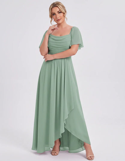 Chiffon Flutter Sleeve Square Neck A-Line Maxi Dress for Party, Cocktail, Evening, Wedding Guest, Summer Formal Events, front | SKU: CD-123456789012345-GREEN-L,CD-123456789012345-GREEN-M,CD-123456789012345-GREEN-S,CD-123456789012345-GREEN-XL,CD-123456789012345-GREEN-XS