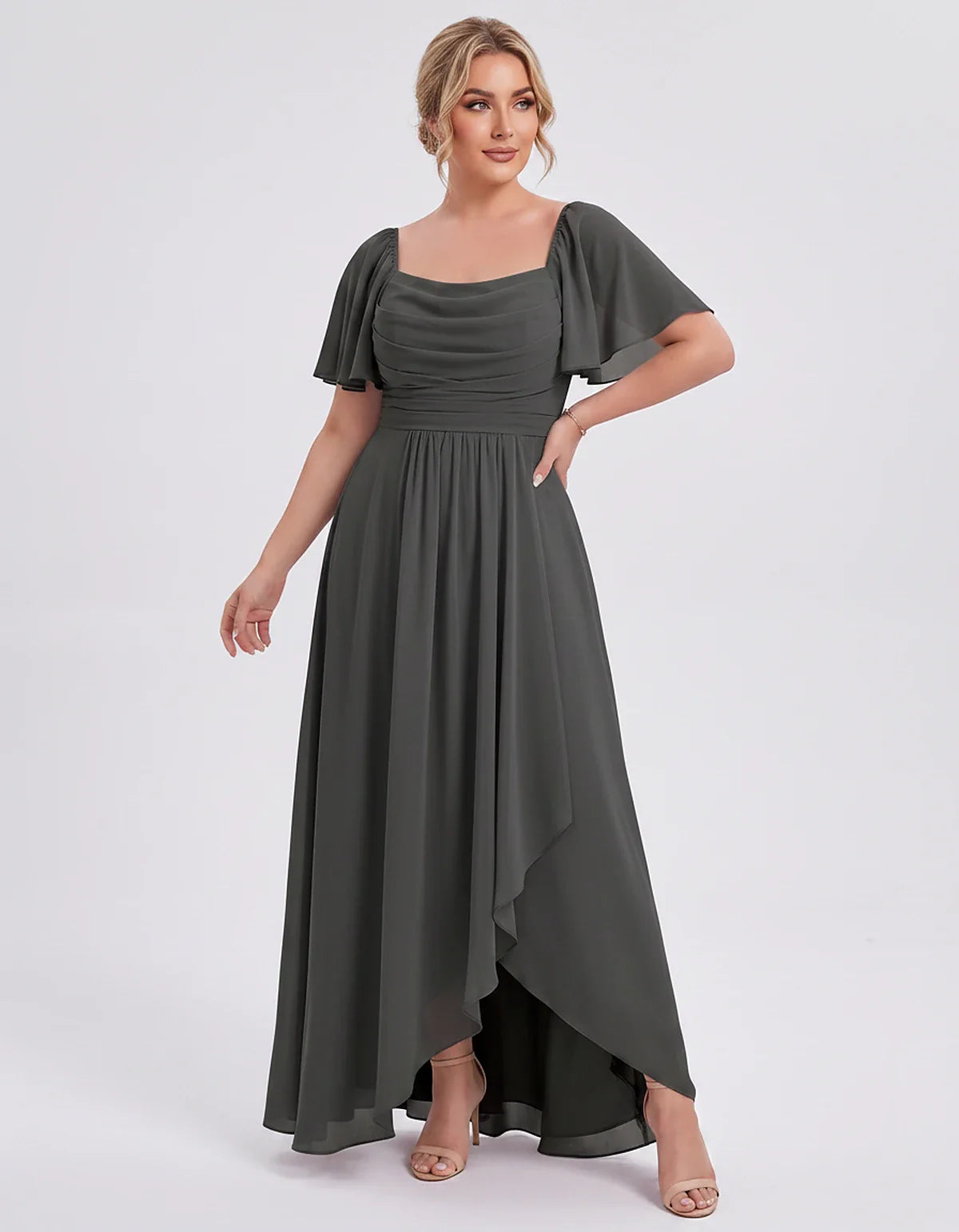 Chiffon Flutter Sleeve Square Neck A-Line Maxi Dress for Party, Cocktail, Evening, Wedding Guest, Summer Formal Events, front | SKU: CD-123456789012345-BLACK-L,CD-123456789012345-BLACK-M,CD-123456789012345-BLACK-S,CD-123456789012345-BLACK-XL,CD-123456789012345-BLACK-XS