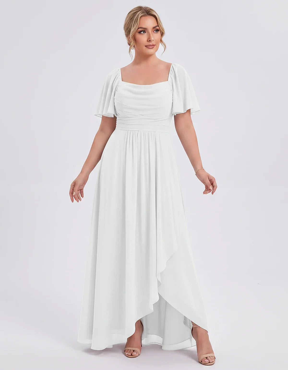 Chiffon Flutter Sleeve Square Neck A-Line Maxi Dress for Party, Cocktail, Evening, Wedding Guest, Summer Formal Events, front | SKU: CD-123456789012345-WHITE-L,CD-123456789012345-WHITE-M,CD-123456789012345-WHITE-S,CD-123456789012345-WHITE-XL,CD-123456789012345-WHITE-XS