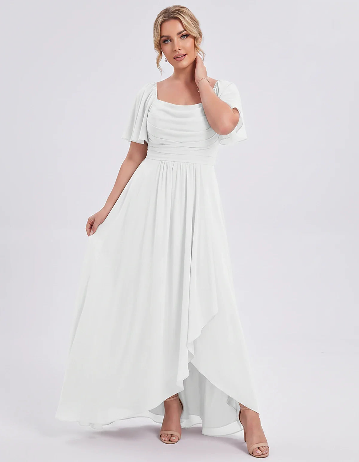 Chiffon Flutter Sleeve Square Neck A-Line Maxi Dress for Party, Cocktail, Evening, Wedding Guest, Summer Formal Events, front | SKU: CD-123456789012345-WHITE-L,CD-123456789012345-WHITE-M,CD-123456789012345-WHITE-S,CD-123456789012345-WHITE-XL,CD-123456789012345-WHITE-XS