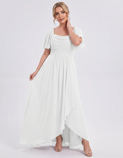 Chiffon Flutter Sleeve Square Neck A-Line Maxi Dress for Party, Cocktail, Evening, Wedding Guest, Summer Formal Events, front | SKU: CD-123456789012345-WHITE-L,CD-123456789012345-WHITE-M,CD-123456789012345-WHITE-S,CD-123456789012345-WHITE-XL,CD-123456789012345-WHITE-XS