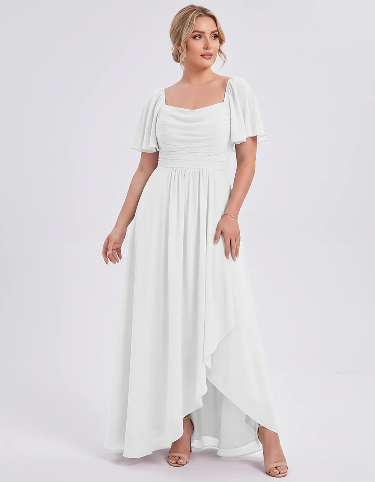 Chiffon Flutter Sleeve Square Neck A-Line Maxi Dress for Party, Cocktail, Evening, Wedding Guest, Summer Formal Events, front | SKU: CD-123456789012345-WHITE-L,CD-123456789012345-WHITE-M,CD-123456789012345-WHITE-S,CD-123456789012345-WHITE-XL,CD-123456789012345-WHITE-XS