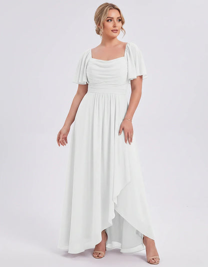 Chiffon Flutter Sleeve Square Neck A-Line Maxi Dress for Party, Cocktail, Evening, Wedding Guest, Summer Formal Events, front | SKU: CD-123456789012345-WHITE-L,CD-123456789012345-WHITE-M,CD-123456789012345-WHITE-S,CD-123456789012345-WHITE-XL,CD-123456789012345-WHITE-XS