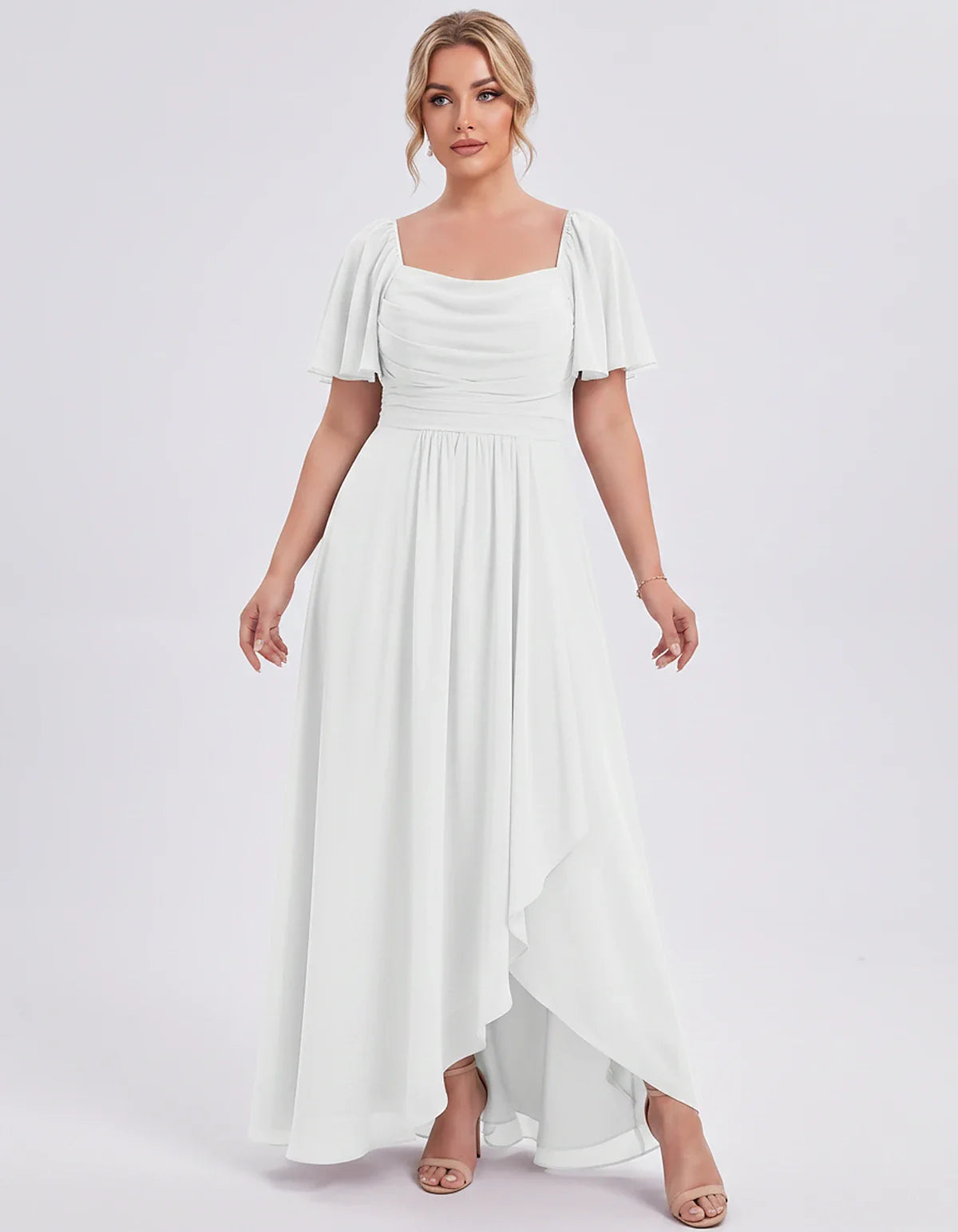 Chiffon Flutter Sleeve Square Neck A-Line Maxi Dress for Party, Cocktail, Evening, Wedding Guest, Summer Formal Events, front | SKU: CD-123456789012345-WHITE-L,CD-123456789012345-WHITE-M,CD-123456789012345-WHITE-S,CD-123456789012345-WHITE-XL,CD-123456789012345-WHITE-XS
