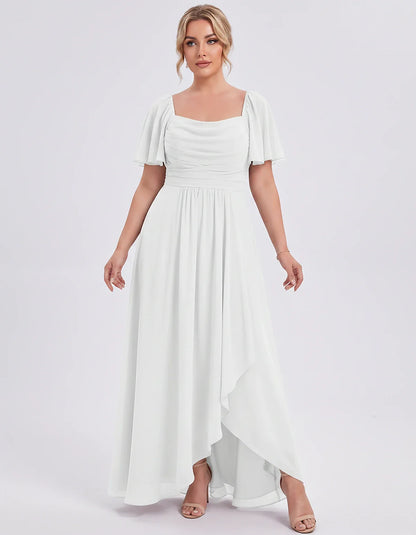 Chiffon Flutter Sleeve Square Neck A-Line Maxi Dress for Party, Cocktail, Evening, Wedding Guest, Summer Formal Events, front | SKU: CD-123456789012345-WHITE-L,CD-123456789012345-WHITE-M,CD-123456789012345-WHITE-S,CD-123456789012345-WHITE-XL,CD-123456789012345-WHITE-XS