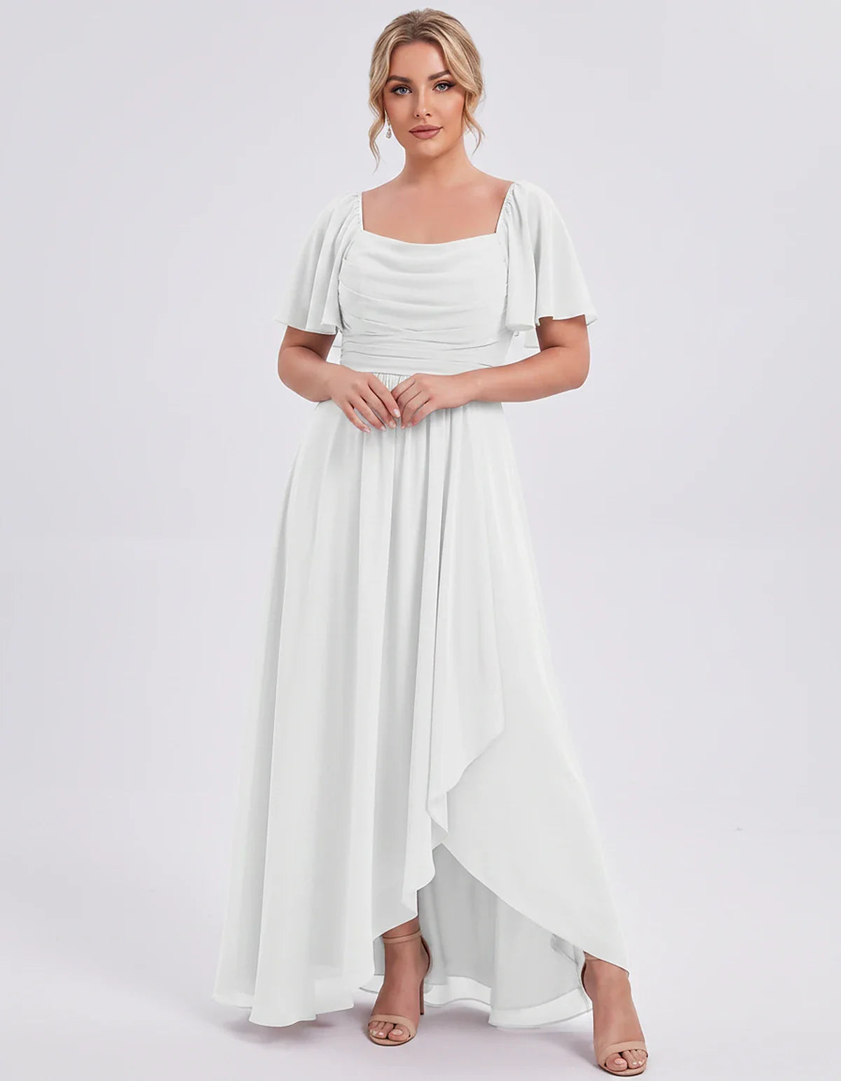 Chiffon Flutter Sleeve Square Neck A-Line Maxi Dress for Party, Cocktail, Evening, Wedding Guest, Summer Formal Events, front | SKU: CD-123456789012345-WHITE-L,CD-123456789012345-WHITE-M,CD-123456789012345-WHITE-S,CD-123456789012345-WHITE-XL,CD-123456789012345-WHITE-XS