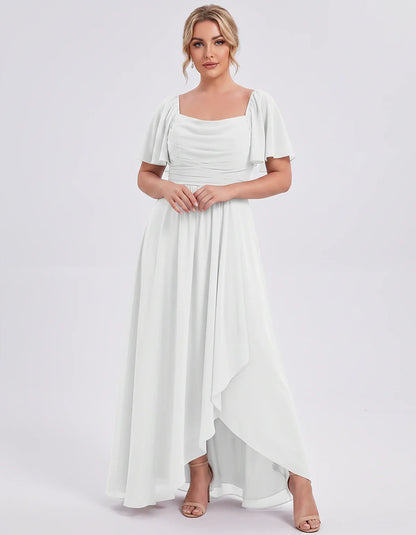 Chiffon Flutter Sleeve Square Neck A-Line Maxi Dress for Party, Cocktail, Evening, Wedding Guest, Summer Formal Events, front | SKU: CD-123456789012345-WHITE-L,CD-123456789012345-WHITE-M,CD-123456789012345-WHITE-S,CD-123456789012345-WHITE-XL,CD-123456789012345-WHITE-XS