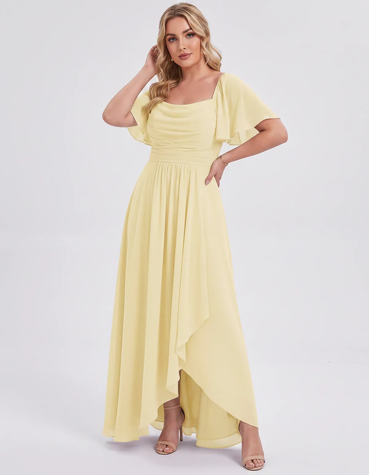 Chiffon Flutter Sleeve Square Neck A-Line Maxi Dress for Party, Cocktail, Evening, Wedding Guest, Summer Formal Events, front | SKU: CD-123456789012345-YELLOW-L,CD-123456789012345-YELLOW-M,CD-123456789012345-YELLOW-S,CD-123456789012345-YELLOW-XL,CD-123456789012345-YELLOW-XS