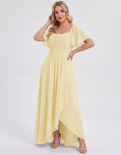 Chiffon Flutter Sleeve Square Neck A-Line Maxi Dress for Party, Cocktail, Evening, Wedding Guest, Summer Formal Events, front | SKU: CD-123456789012345-YELLOW-L,CD-123456789012345-YELLOW-M,CD-123456789012345-YELLOW-S,CD-123456789012345-YELLOW-XL,CD-123456789012345-YELLOW-XS