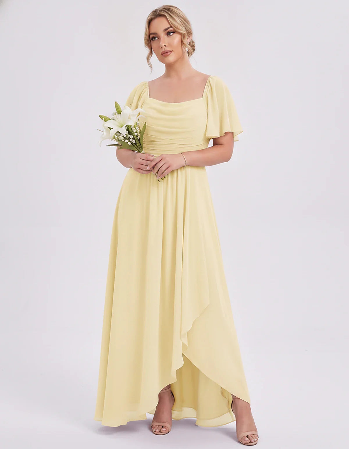 Chiffon Flutter Sleeve Square Neck A-Line Maxi Dress for Party, Cocktail, Evening, Wedding Guest, Summer Formal Events, front | SKU: CD-123456789012345-YELLOW-L,CD-123456789012345-YELLOW-M,CD-123456789012345-YELLOW-S,CD-123456789012345-YELLOW-XL,CD-123456789012345-YELLOW-XS