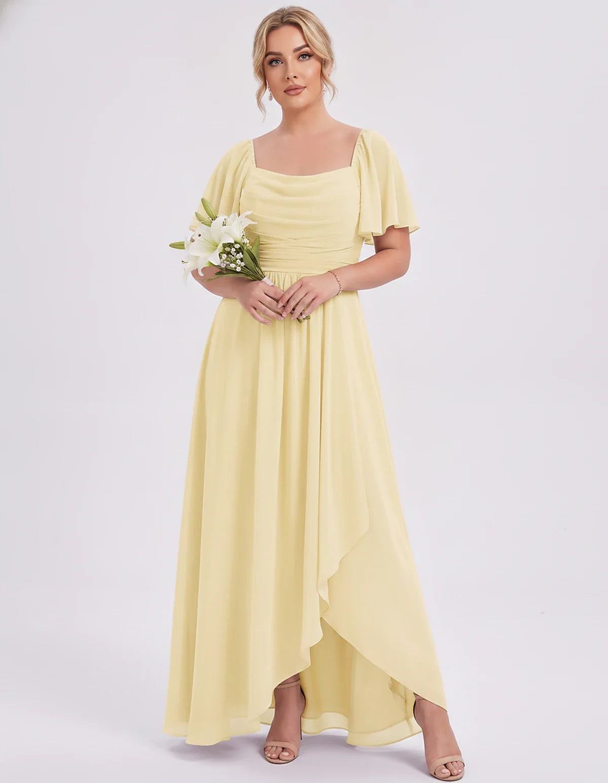 Chiffon Flutter Sleeve Square Neck A-Line Maxi Dress for Party, Cocktail, Evening, Wedding Guest, Summer Formal Events, front | SKU: CD-123456789012345-YELLOW-L,CD-123456789012345-YELLOW-M,CD-123456789012345-YELLOW-S,CD-123456789012345-YELLOW-XL,CD-123456789012345-YELLOW-XS