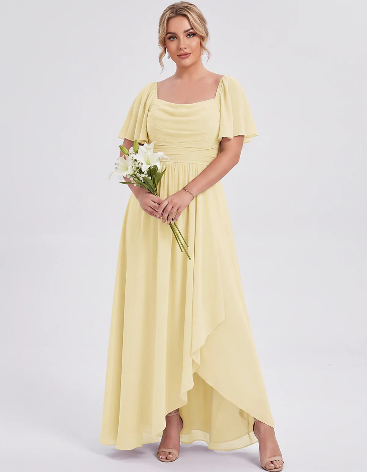 Chiffon Flutter Sleeve Square Neck A-Line Maxi Dress for Party, Cocktail, Evening, Wedding Guest, Summer Formal Events, front | SKU: CD-123456789012345-YELLOW-L,CD-123456789012345-YELLOW-M,CD-123456789012345-YELLOW-S,CD-123456789012345-YELLOW-XL,CD-123456789012345-YELLOW-XS