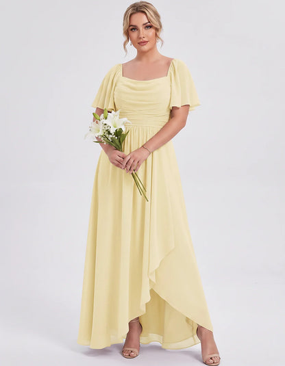 Chiffon Flutter Sleeve Square Neck A-Line Maxi Dress for Party, Cocktail, Evening, Wedding Guest, Summer Formal Events, front | SKU: CD-123456789012345-YELLOW-L,CD-123456789012345-YELLOW-M,CD-123456789012345-YELLOW-S,CD-123456789012345-YELLOW-XL,CD-123456789012345-YELLOW-XS