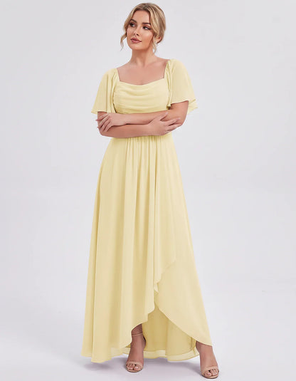Chiffon Flutter Sleeve Square Neck A-Line Maxi Dress for Party, Cocktail, Evening, Wedding Guest, Summer Formal Events, front | SKU: CD-123456789012345-YELLOW-L,CD-123456789012345-YELLOW-M,CD-123456789012345-YELLOW-S,CD-123456789012345-YELLOW-XL,CD-123456789012345-YELLOW-XS