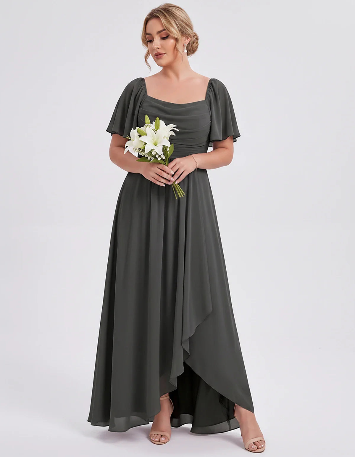 Chiffon Flutter Sleeve Square Neck A-Line Maxi Dress for Party, Cocktail, Evening, Wedding Guest, Summer Formal Events, front | SKU: CD-123456789012345-BLACK-L,CD-123456789012345-BLACK-M,CD-123456789012345-BLACK-S,CD-123456789012345-BLACK-XL,CD-123456789012345-BLACK-XS