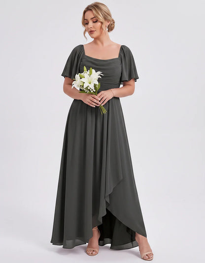Chiffon Flutter Sleeve Square Neck A-Line Maxi Dress for Party, Cocktail, Evening, Wedding Guest, Summer Formal Events, front | SKU: CD-123456789012345-BLACK-L,CD-123456789012345-BLACK-M,CD-123456789012345-BLACK-S,CD-123456789012345-BLACK-XL,CD-123456789012345-BLACK-XS