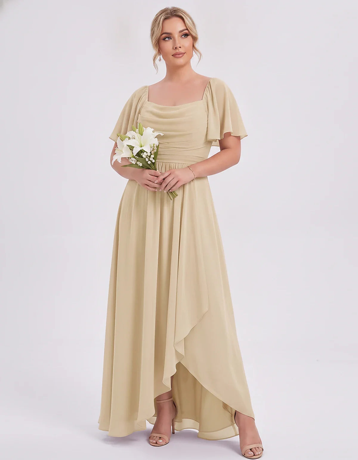 Chiffon Flutter Sleeve Square Neck A-Line Maxi Dress for Party, Cocktail, Evening, Wedding Guest, Summer Formal Events, front | SKU: CD-123456789012345-CHAMPAGNE-L,CD-123456789012345-CHAMPAGNE-M,CD-123456789012345-CHAMPAGNE-S,CD-123456789012345-CHAMPAGNE-XL,CD-123456789012345-CHAMPAGNE-XS
