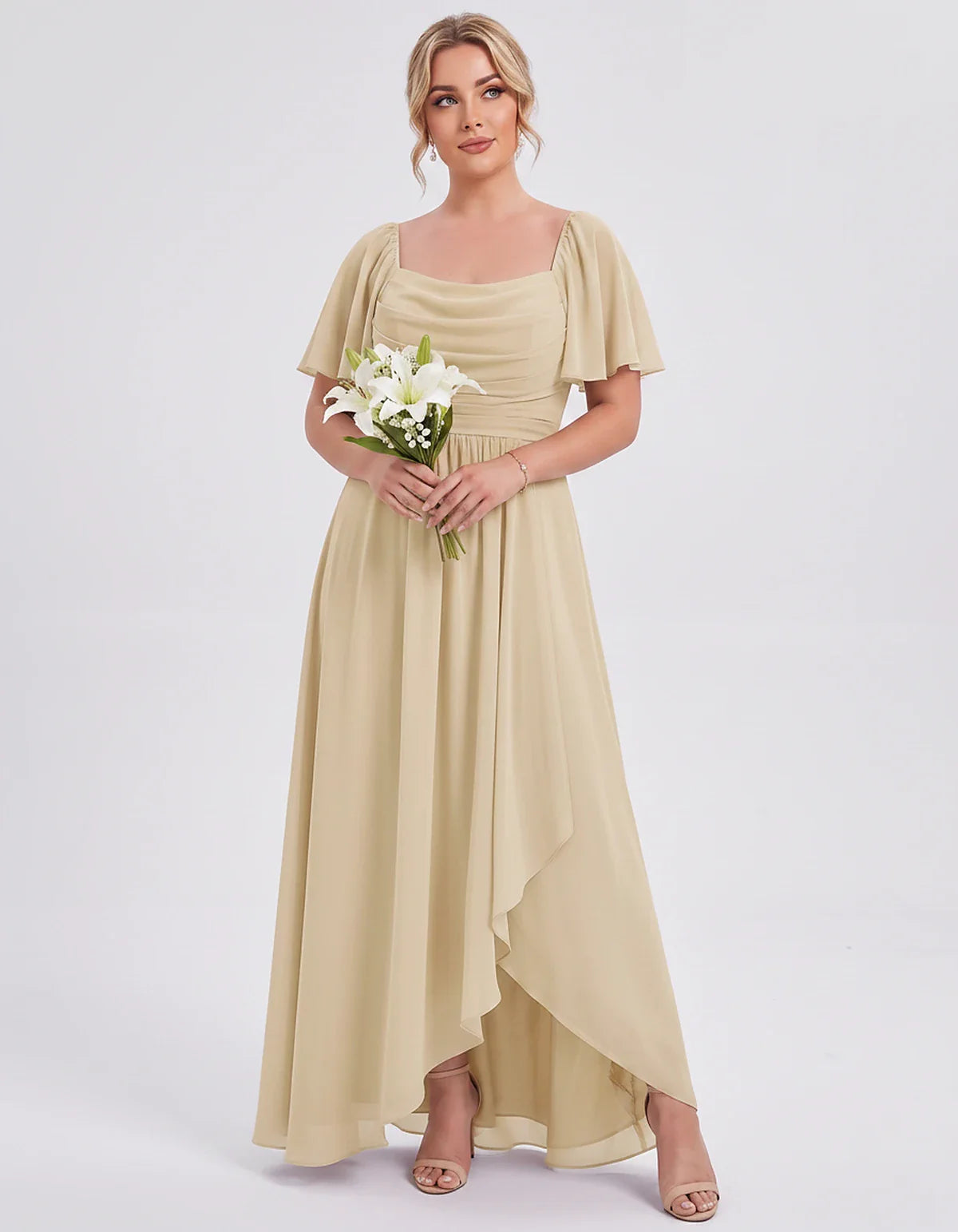 Chiffon Flutter Sleeve Square Neck A-Line Maxi Dress for Party, Cocktail, Evening, Wedding Guest, Summer Formal Events, front | SKU: CD-123456789012345-CHAMPAGNE-L,CD-123456789012345-CHAMPAGNE-M,CD-123456789012345-CHAMPAGNE-S,CD-123456789012345-CHAMPAGNE-XL,CD-123456789012345-CHAMPAGNE-XS