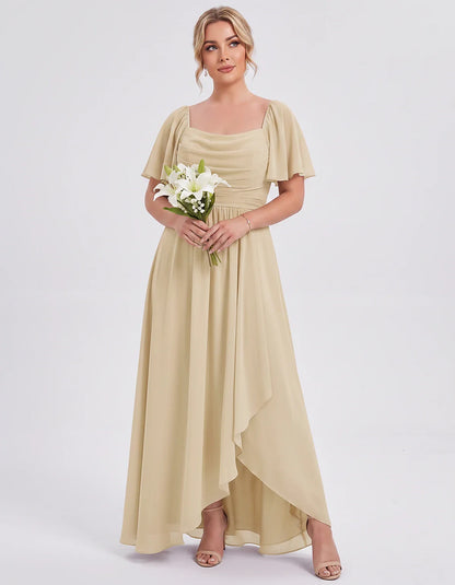 Chiffon Flutter Sleeve Square Neck A-Line Maxi Dress for Party, Cocktail, Evening, Wedding Guest, Summer Formal Events, front | SKU: CD-123456789012345-CHAMPAGNE-L,CD-123456789012345-CHAMPAGNE-M,CD-123456789012345-CHAMPAGNE-S,CD-123456789012345-CHAMPAGNE-XL,CD-123456789012345-CHAMPAGNE-XS