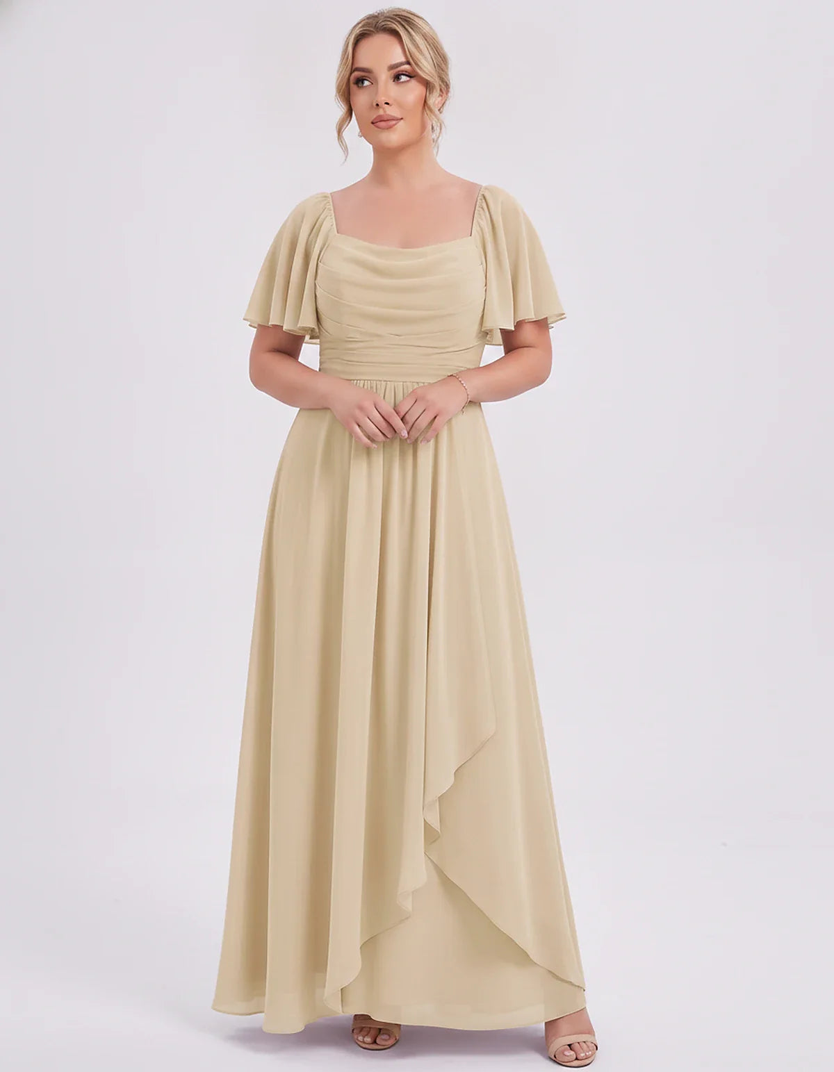 Chiffon Flutter Sleeve Square Neck A-Line Maxi Dress for Party, Cocktail, Evening, Wedding Guest, Summer Formal Events, front | SKU: CD-123456789012345-CHAMPAGNE-L,CD-123456789012345-CHAMPAGNE-M,CD-123456789012345-CHAMPAGNE-S,CD-123456789012345-CHAMPAGNE-XL,CD-123456789012345-CHAMPAGNE-XS
