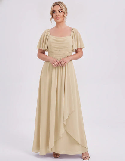 Chiffon Flutter Sleeve Square Neck A-Line Maxi Dress for Party, Cocktail, Evening, Wedding Guest, Summer Formal Events, front | SKU: CD-123456789012345-CHAMPAGNE-L,CD-123456789012345-CHAMPAGNE-M,CD-123456789012345-CHAMPAGNE-S,CD-123456789012345-CHAMPAGNE-XL,CD-123456789012345-CHAMPAGNE-XS