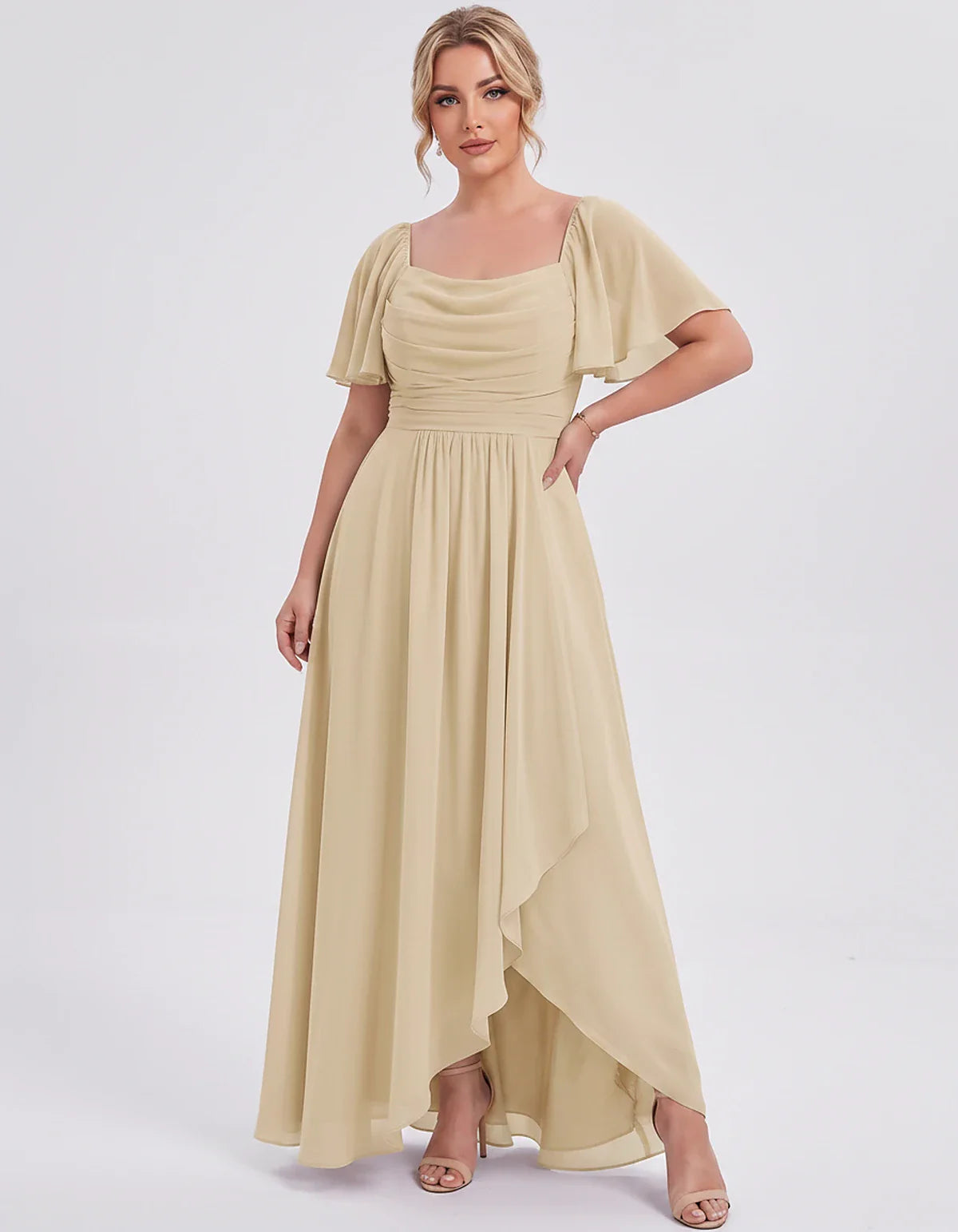 Chiffon Flutter Sleeve Square Neck A-Line Maxi Dress for Party, Cocktail, Evening, Wedding Guest, Summer Formal Events, front | SKU: CD-123456789012345-CHAMPAGNE-L,CD-123456789012345-CHAMPAGNE-M,CD-123456789012345-CHAMPAGNE-S,CD-123456789012345-CHAMPAGNE-XL,CD-123456789012345-CHAMPAGNE-XS