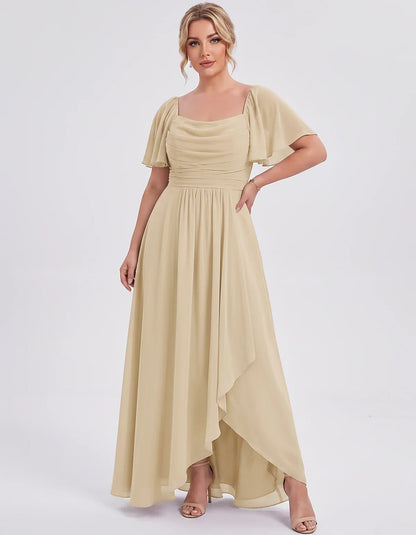 Chiffon Flutter Sleeve Square Neck A-Line Maxi Dress for Party, Cocktail, Evening, Wedding Guest, Summer Formal Events, front | SKU: CD-123456789012345-CHAMPAGNE-L,CD-123456789012345-CHAMPAGNE-M,CD-123456789012345-CHAMPAGNE-S,CD-123456789012345-CHAMPAGNE-XL,CD-123456789012345-CHAMPAGNE-XS