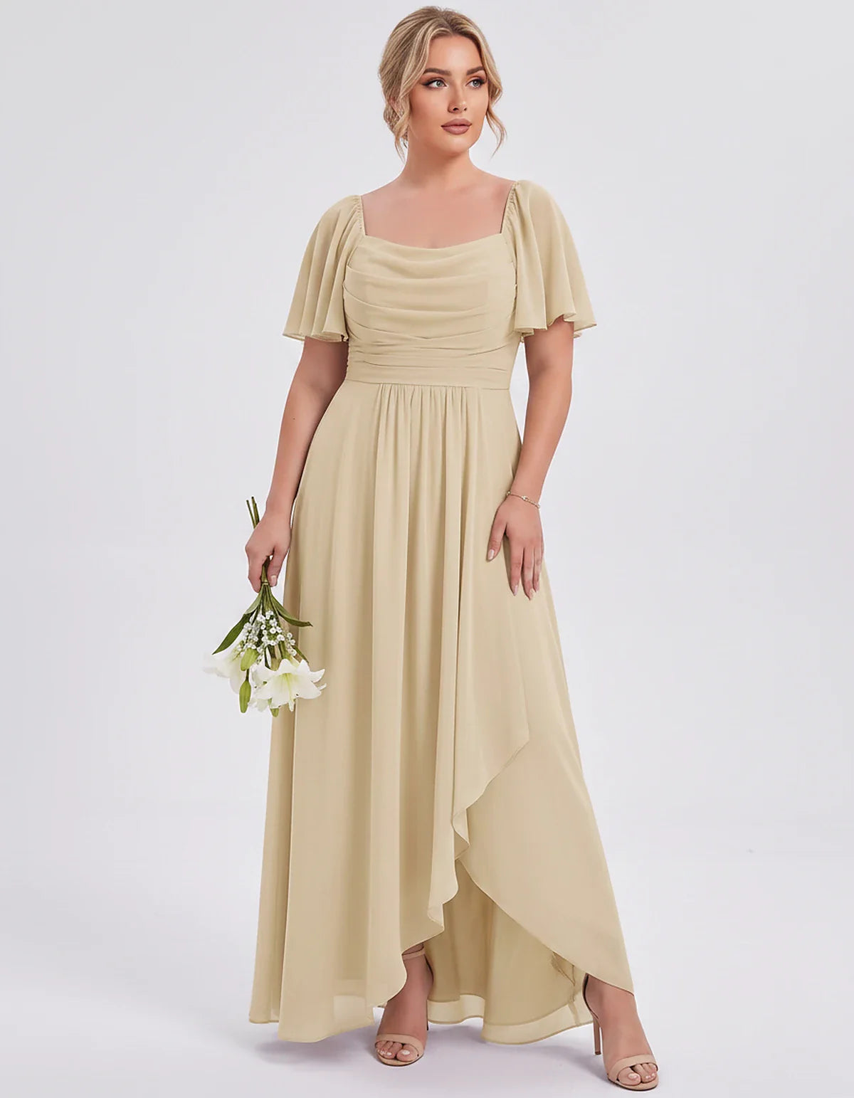 Chiffon Flutter Sleeve Square Neck A-Line Maxi Dress for Party, Cocktail, Evening, Wedding Guest, Summer Formal Events, front | SKU: CD-123456789012345-CHAMPAGNE-L,CD-123456789012345-CHAMPAGNE-M,CD-123456789012345-CHAMPAGNE-S,CD-123456789012345-CHAMPAGNE-XL,CD-123456789012345-CHAMPAGNE-XS