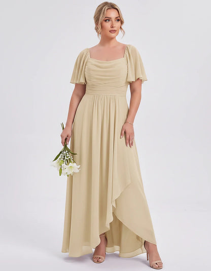 Chiffon Flutter Sleeve Square Neck A-Line Maxi Dress for Party, Cocktail, Evening, Wedding Guest, Summer Formal Events, front | SKU: CD-123456789012345-CHAMPAGNE-L,CD-123456789012345-CHAMPAGNE-M,CD-123456789012345-CHAMPAGNE-S,CD-123456789012345-CHAMPAGNE-XL,CD-123456789012345-CHAMPAGNE-XS