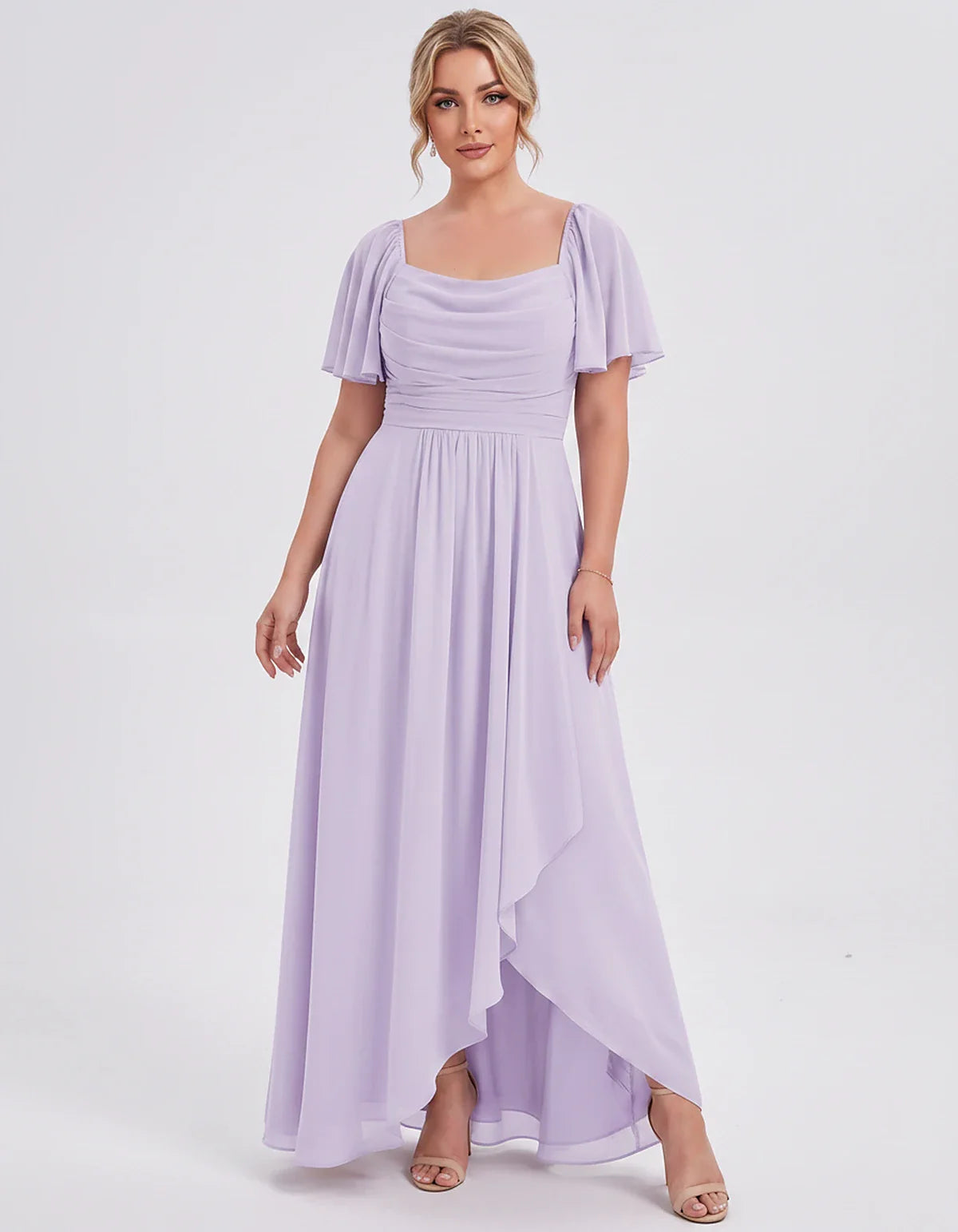 Chiffon Flutter Sleeve Square Neck A-Line Maxi Dress for Party, Cocktail, Evening, Wedding Guest, Summer Formal Events, front | SKU: CD-123456789012345-LILAC-L,CD-123456789012345-LILAC-M,CD-123456789012345-LILAC-S,CD-123456789012345-LILAC-XL,CD-123456789012345-LILAC-XS