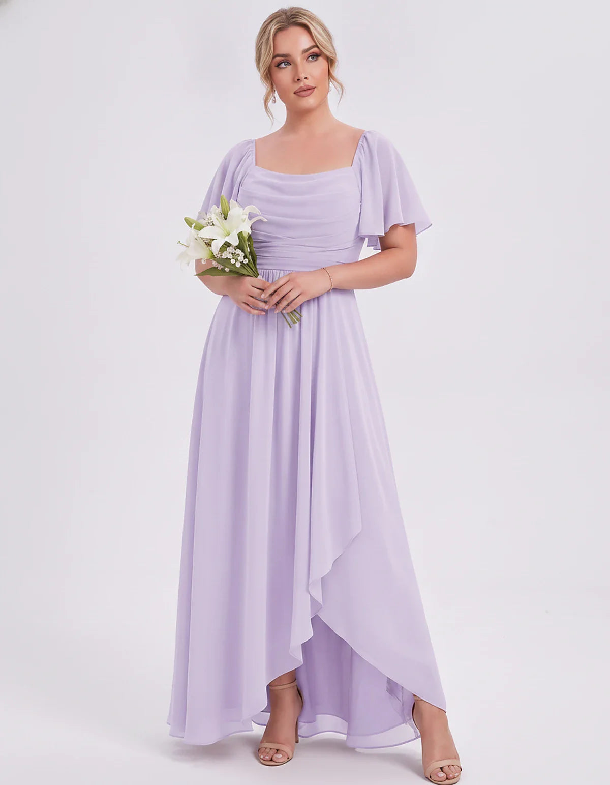 Chiffon Flutter Sleeve Square Neck A-Line Maxi Dress for Party, Cocktail, Evening, Wedding Guest, Summer Formal Events, front | SKU: CD-123456789012345-LILAC-L,CD-123456789012345-LILAC-M,CD-123456789012345-LILAC-S,CD-123456789012345-LILAC-XL,CD-123456789012345-LILAC-XS