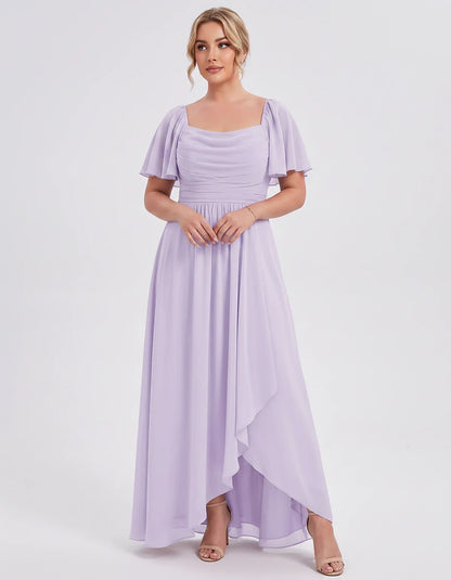 Chiffon Flutter Sleeve Square Neck A-Line Maxi Dress for Party, Cocktail, Evening, Wedding Guest, Summer Formal Events, front | SKU: CD-123456789012345-LILAC-L,CD-123456789012345-LILAC-M,CD-123456789012345-LILAC-S,CD-123456789012345-LILAC-XL,CD-123456789012345-LILAC-XS