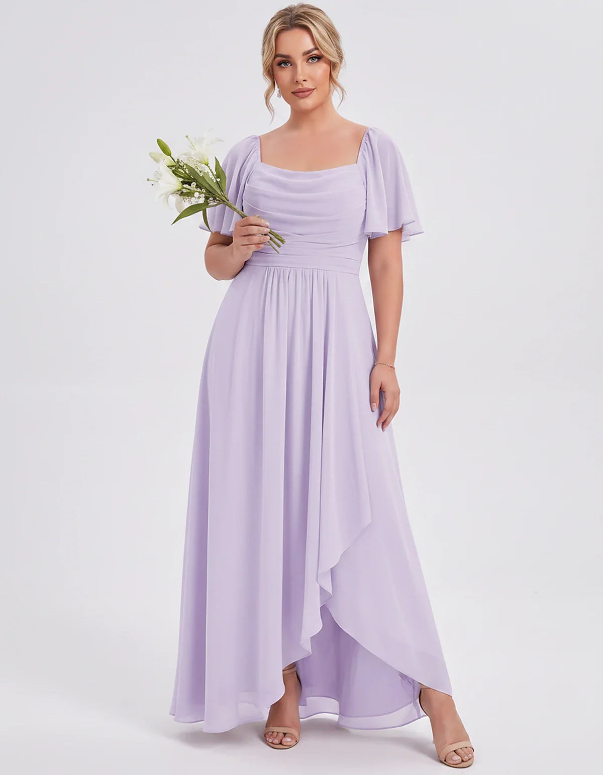 Chiffon Flutter Sleeve Square Neck A-Line Maxi Dress for Party, Cocktail, Evening, Wedding Guest, Summer Formal Events, front | SKU: CD-123456789012345-LILAC-L,CD-123456789012345-LILAC-M,CD-123456789012345-LILAC-S,CD-123456789012345-LILAC-XL,CD-123456789012345-LILAC-XS