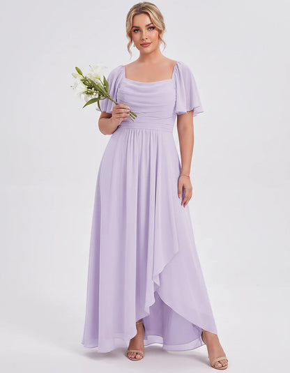 Chiffon Flutter Sleeve Square Neck A-Line Maxi Dress for Party, Cocktail, Evening, Wedding Guest, Summer Formal Events, front | SKU: CD-123456789012345-LILAC-L,CD-123456789012345-LILAC-M,CD-123456789012345-LILAC-S,CD-123456789012345-LILAC-XL,CD-123456789012345-LILAC-XS