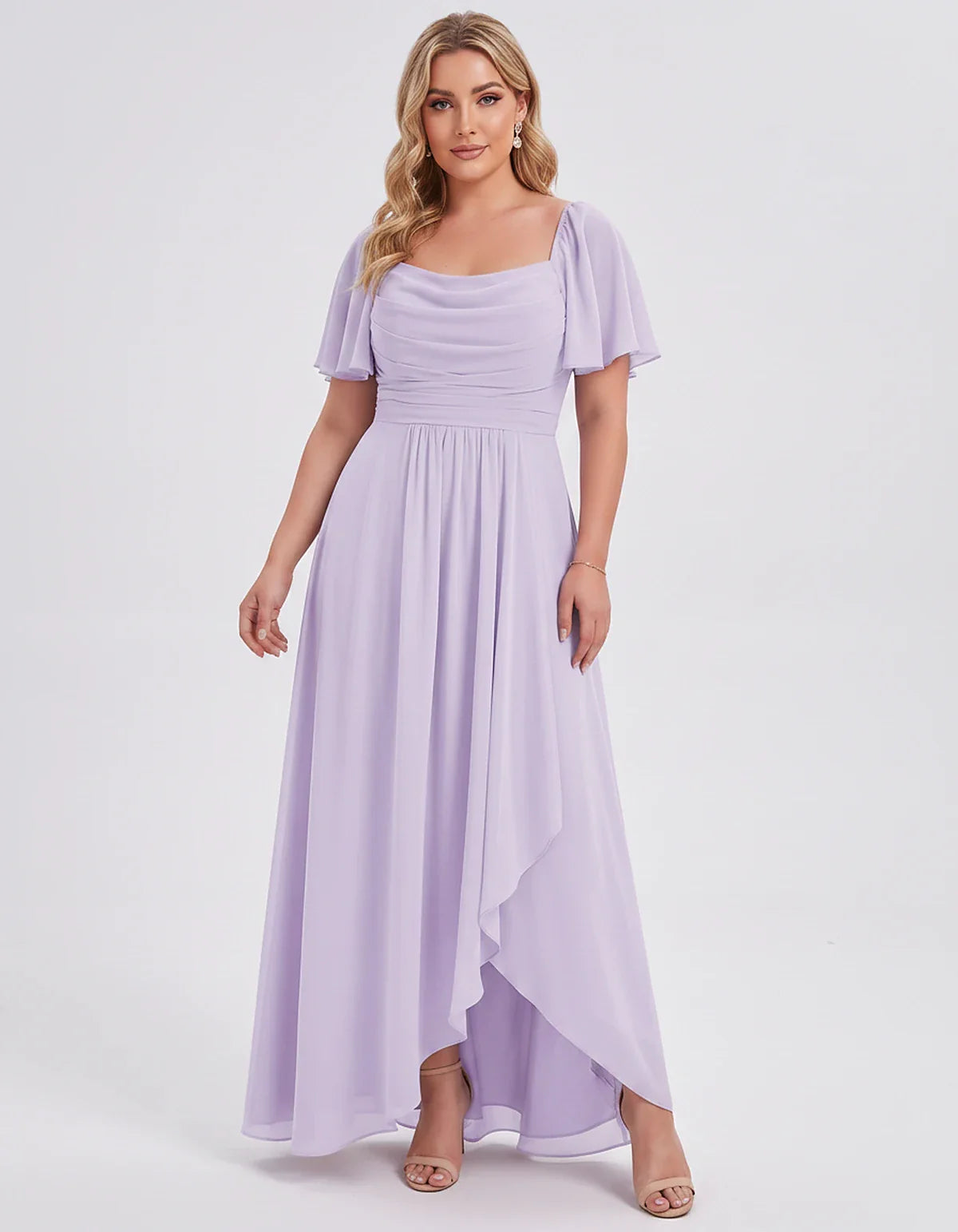 Chiffon Flutter Sleeve Square Neck A-Line Maxi Dress for Party, Cocktail, Evening, Wedding Guest, Summer Formal Events, front | SKU: CD-123456789012345-LILAC-L,CD-123456789012345-LILAC-M,CD-123456789012345-LILAC-S,CD-123456789012345-LILAC-XL,CD-123456789012345-LILAC-XS
