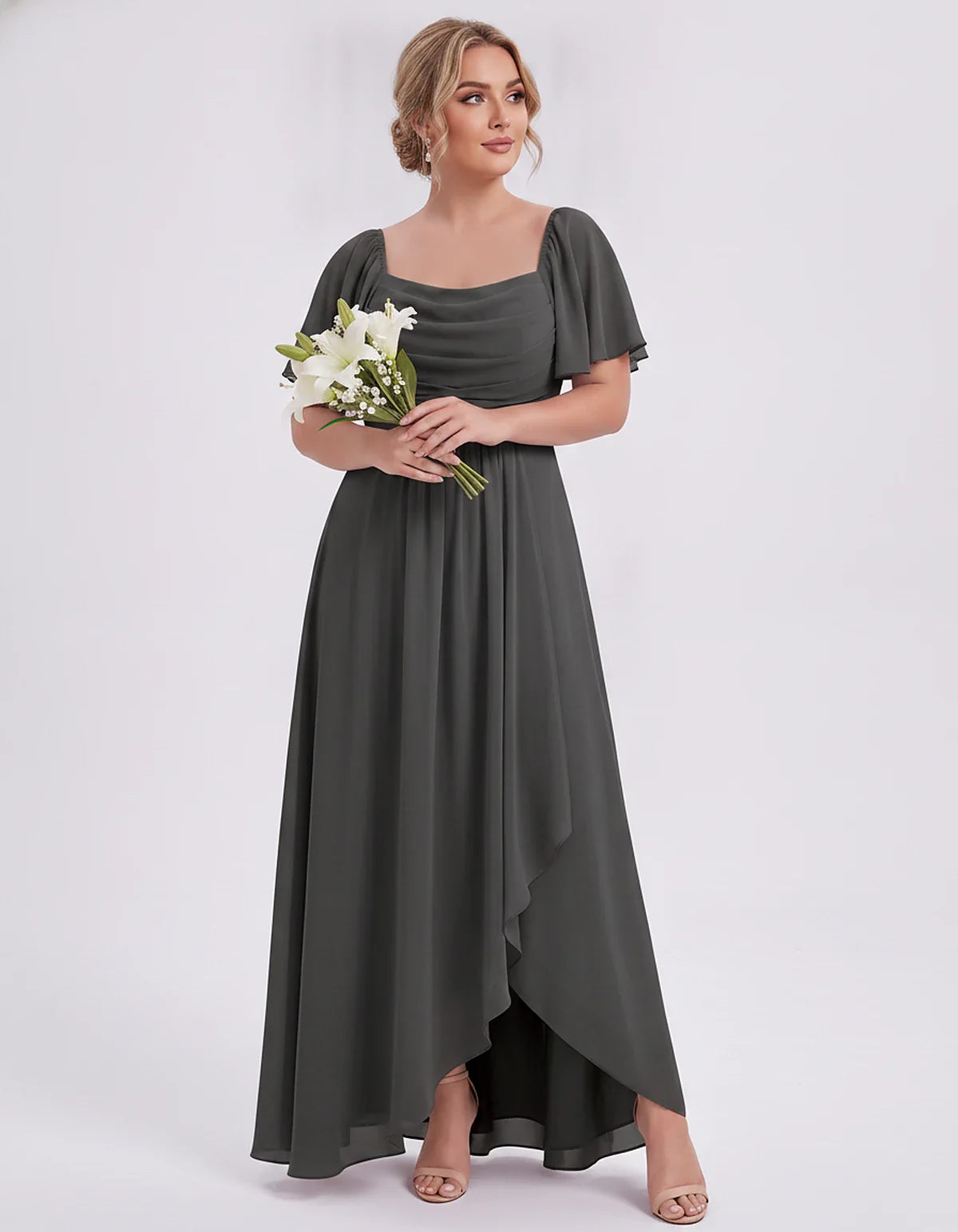 Chiffon Flutter Sleeve Square Neck A-Line Maxi Dress for Party, Cocktail, Evening, Wedding Guest, Summer Formal Events, front | SKU: CD-123456789012345-BLACK-L,CD-123456789012345-BLACK-M,CD-123456789012345-BLACK-S,CD-123456789012345-BLACK-XL,CD-123456789012345-BLACK-XS