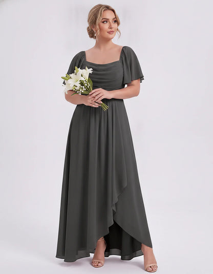 Chiffon Flutter Sleeve Square Neck A-Line Maxi Dress for Party, Cocktail, Evening, Wedding Guest, Summer Formal Events, front | SKU: CD-123456789012345-BLACK-L,CD-123456789012345-BLACK-M,CD-123456789012345-BLACK-S,CD-123456789012345-BLACK-XL,CD-123456789012345-BLACK-XS