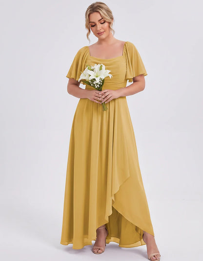 Chiffon Flutter Sleeve Square Neck A-Line Maxi Dress for Party, Cocktail, Evening, Wedding Guest, Summer Formal Events, front | SKU: CD-123456789012345-MUSTARD-L,CD-123456789012345-MUSTARD-M,CD-123456789012345-MUSTARD-S,CD-123456789012345-MUSTARD-XL,CD-123456789012345-MUSTARD-XS