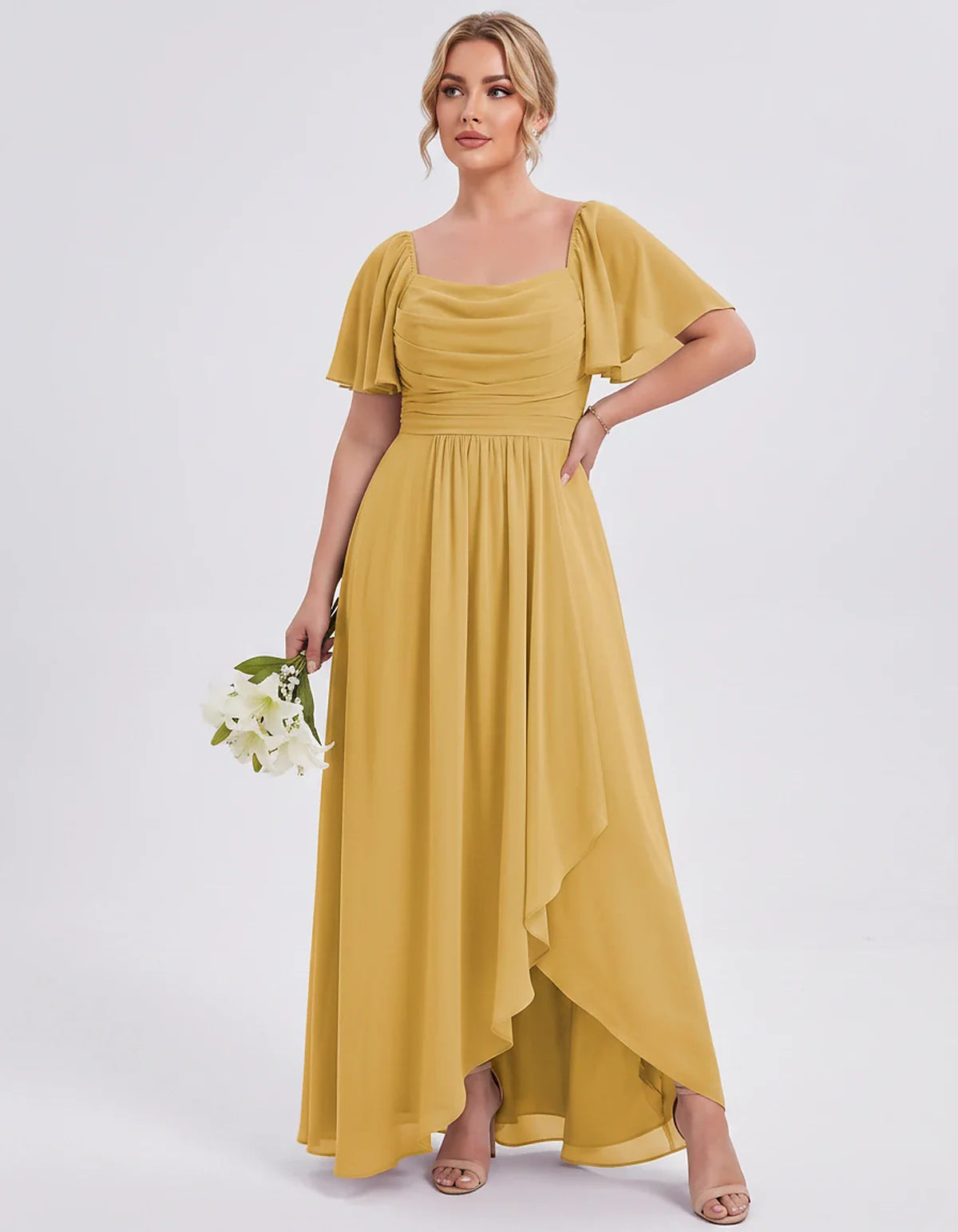 Chiffon Flutter Sleeve Square Neck A-Line Maxi Dress for Party, Cocktail, Evening, Wedding Guest, Summer Formal Events, front | SKU: CD-123456789012345-MUSTARD-L,CD-123456789012345-MUSTARD-M,CD-123456789012345-MUSTARD-S,CD-123456789012345-MUSTARD-XL,CD-123456789012345-MUSTARD-XS
