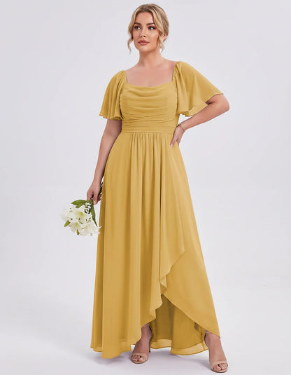 Chiffon Flutter Sleeve Square Neck A-Line Maxi Dress for Party, Cocktail, Evening, Wedding Guest, Summer Formal Events, front | SKU: CD-123456789012345-MUSTARD-L,CD-123456789012345-MUSTARD-M,CD-123456789012345-MUSTARD-S,CD-123456789012345-MUSTARD-XL,CD-123456789012345-MUSTARD-XS