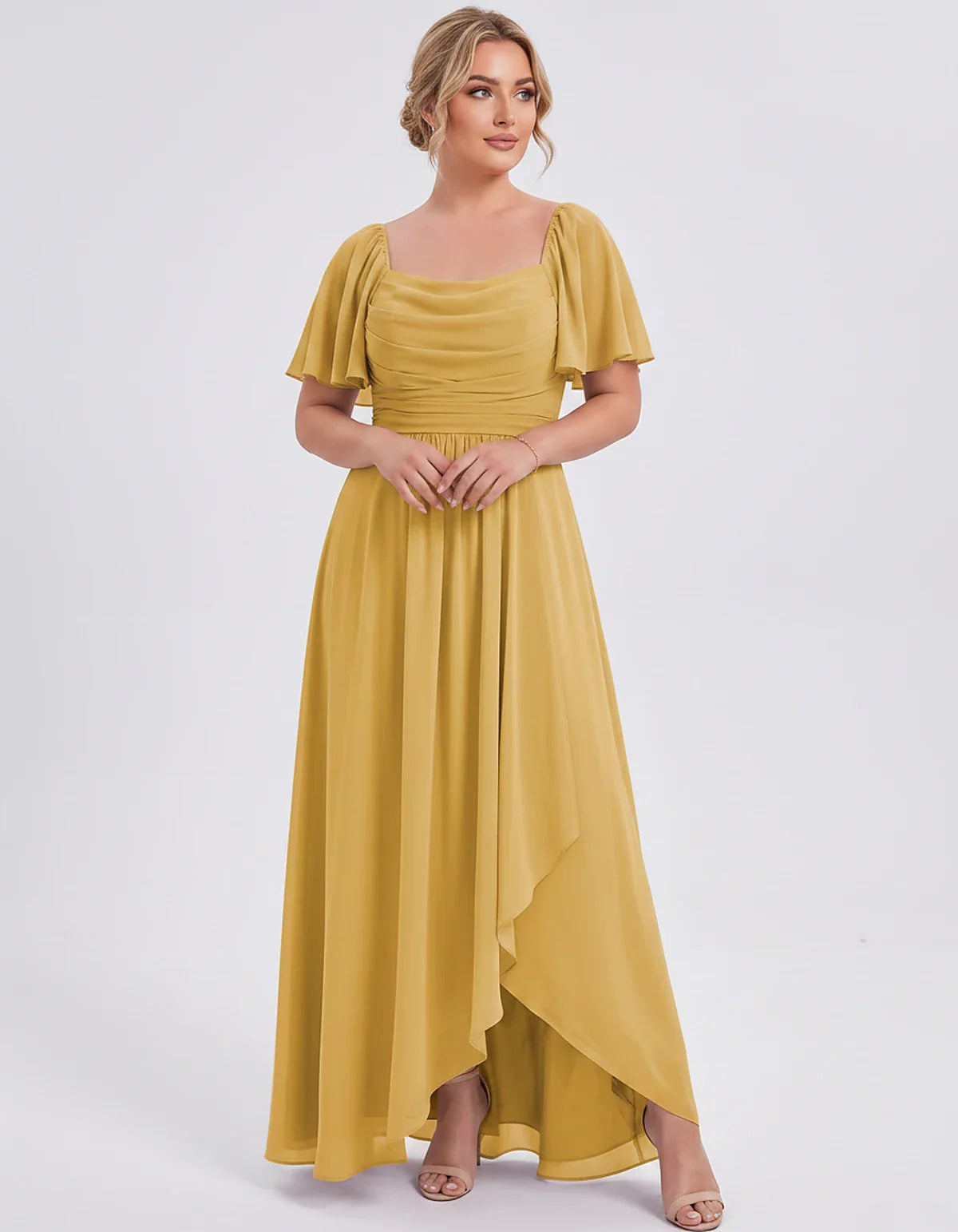 Chiffon Flutter Sleeve Square Neck A-Line Maxi Dress for Party, Cocktail, Evening, Wedding Guest, Summer Formal Events, front | SKU: CD-123456789012345-MUSTARD-L,CD-123456789012345-MUSTARD-M,CD-123456789012345-MUSTARD-S,CD-123456789012345-MUSTARD-XL,CD-123456789012345-MUSTARD-XS